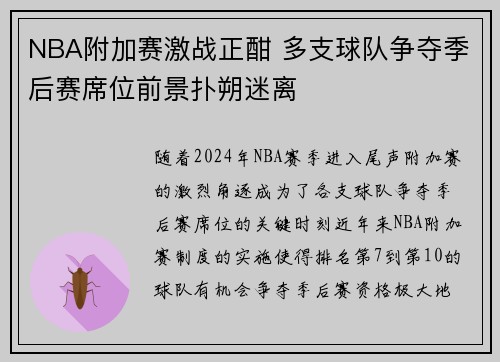 NBA附加赛激战正酣 多支球队争夺季后赛席位前景扑朔迷离