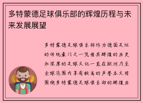 多特蒙德足球俱乐部的辉煌历程与未来发展展望