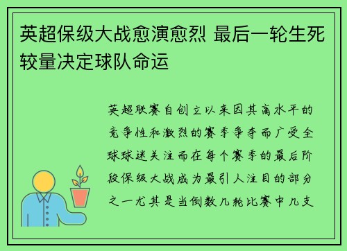 英超保级大战愈演愈烈 最后一轮生死较量决定球队命运