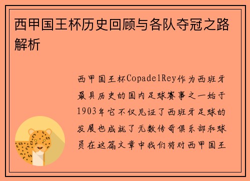 西甲国王杯历史回顾与各队夺冠之路解析
