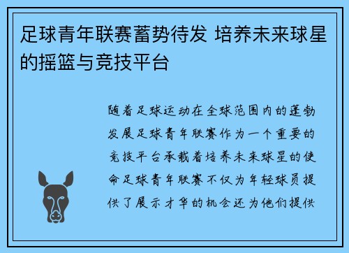 足球青年联赛蓄势待发 培养未来球星的摇篮与竞技平台