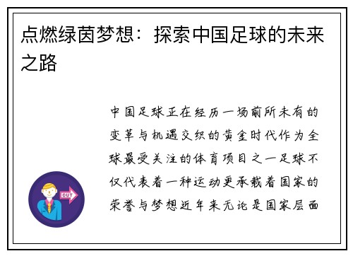 点燃绿茵梦想：探索中国足球的未来之路