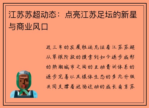 江苏苏超动态：点亮江苏足坛的新星与商业风口