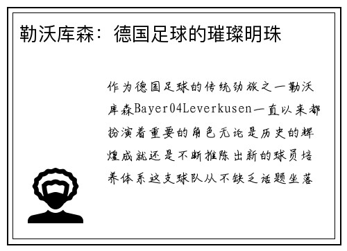 勒沃库森：德国足球的璀璨明珠