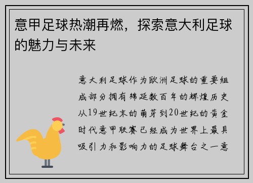 意甲足球热潮再燃，探索意大利足球的魅力与未来
